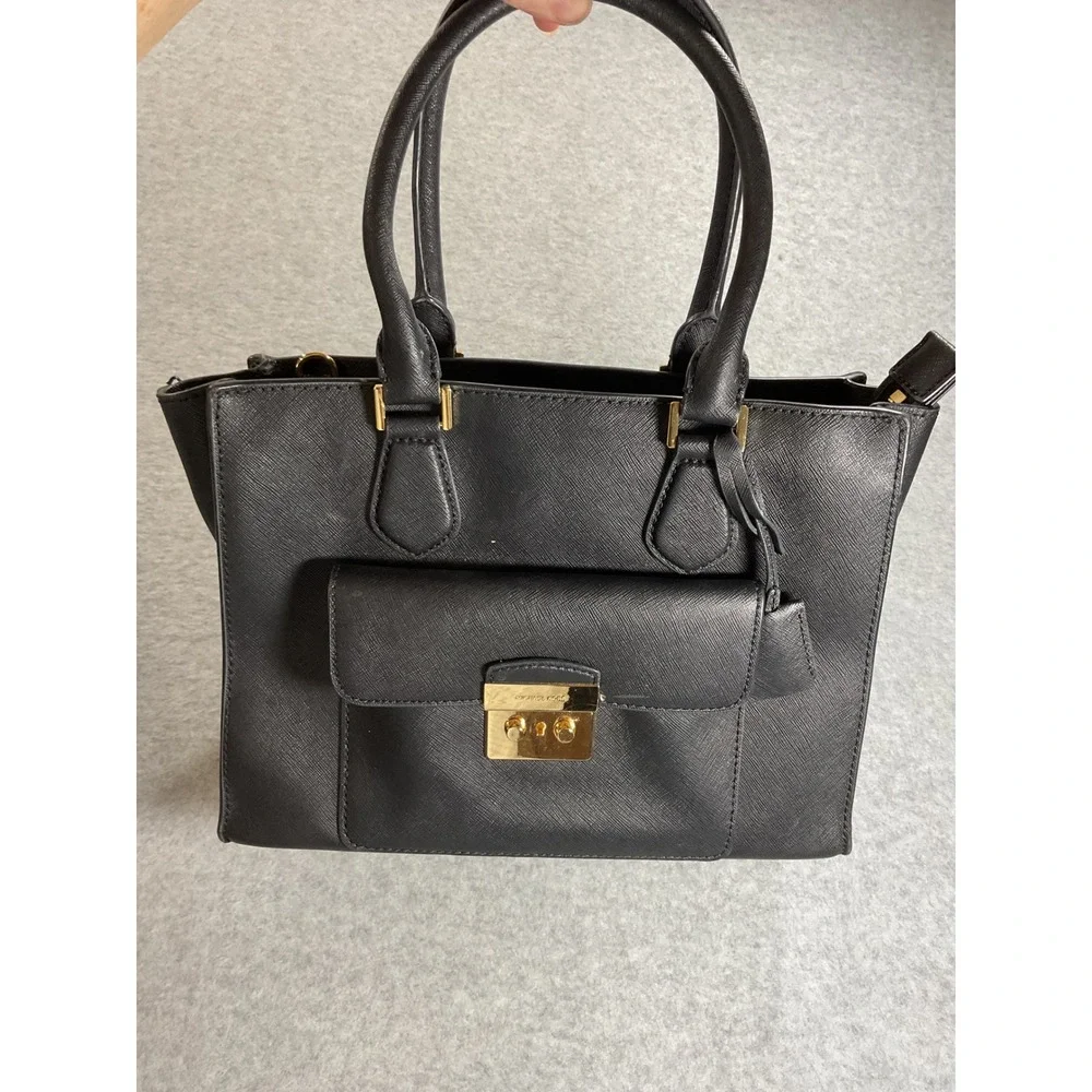 Michael Kors Black Saffiano Leather Satchel Handbag Gold Hardware Push Lock